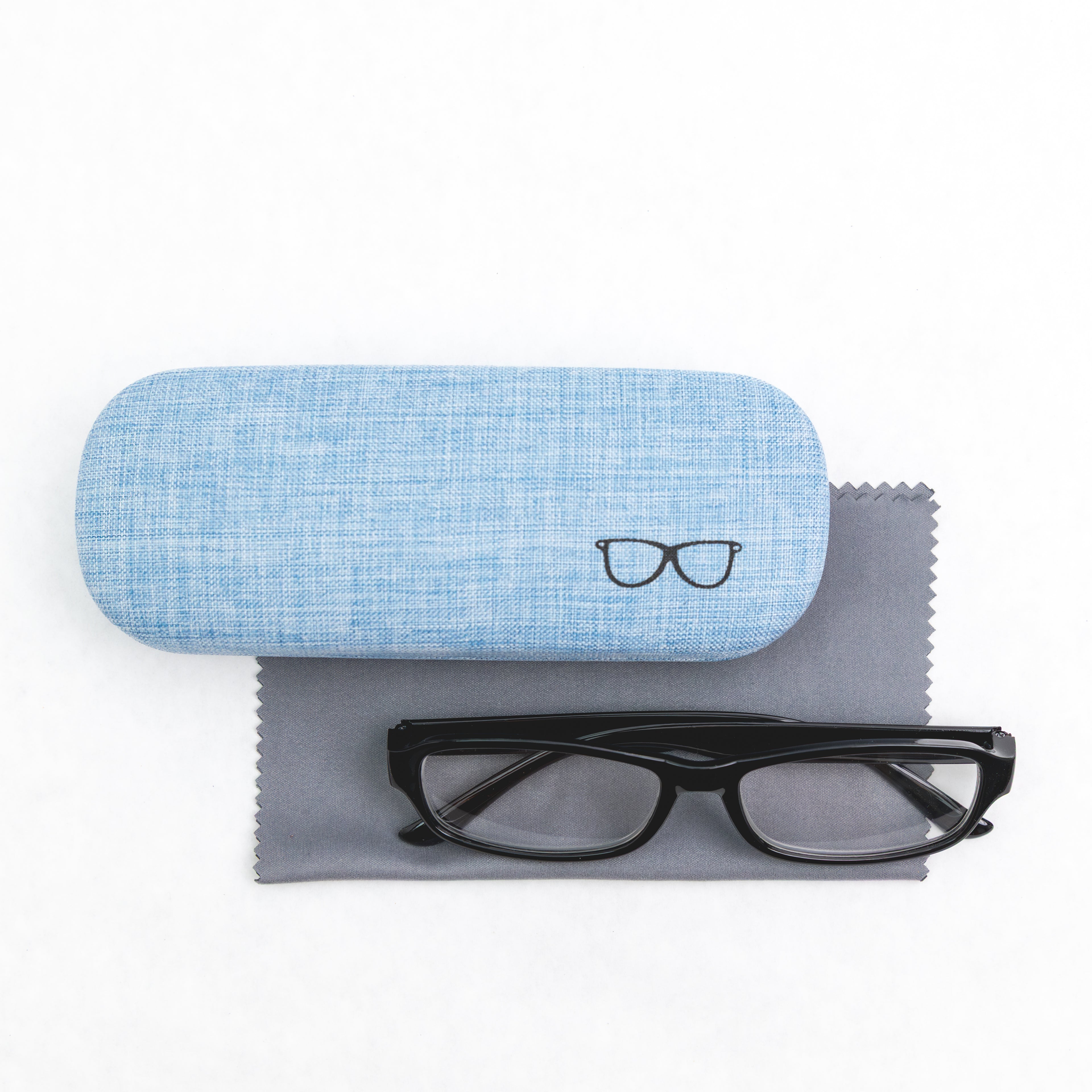 Black glasses on a gray cleaning cloth with a blue textured case on a white background