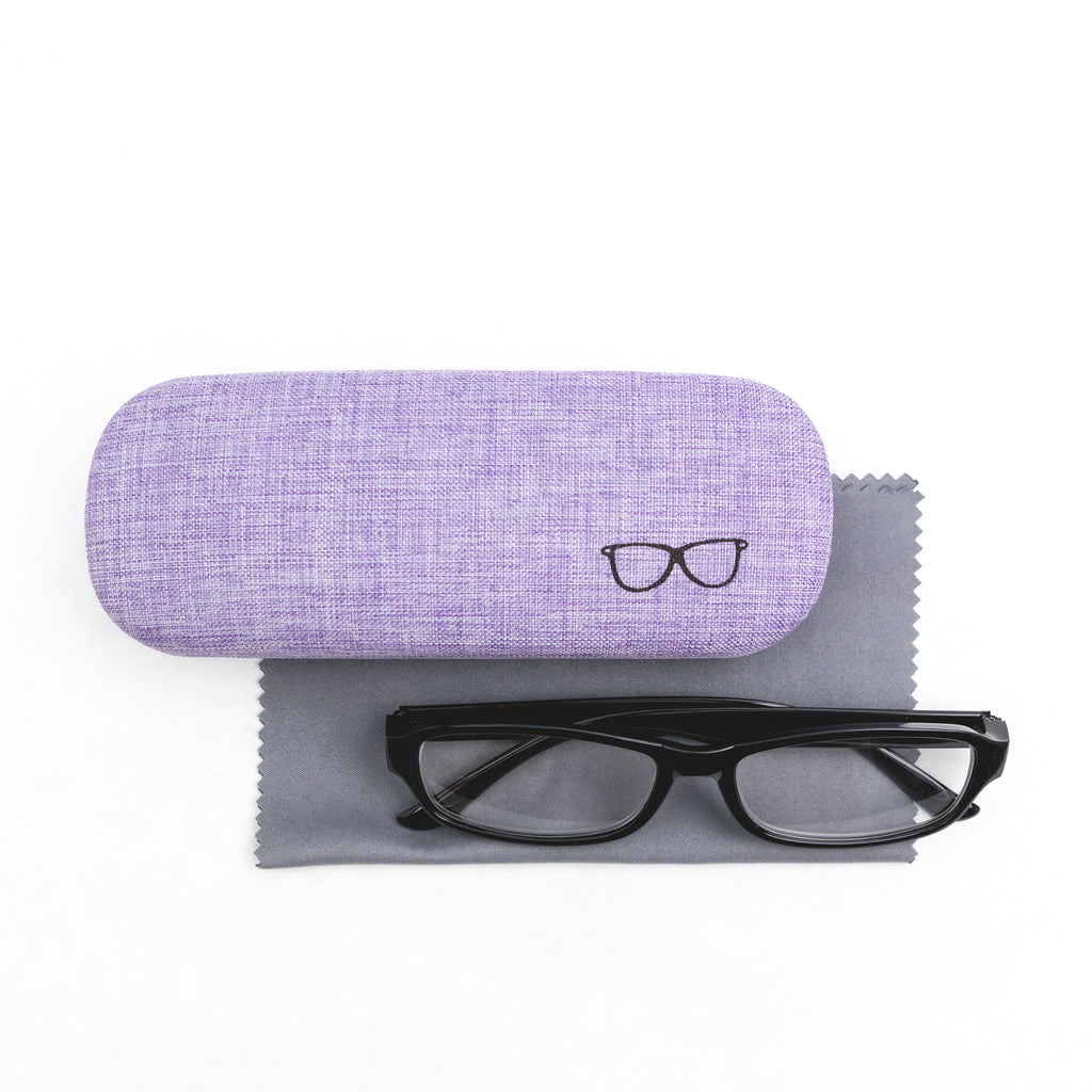 Purple glasses case with black-framed glasses on a gray cleaning cloth against a white background