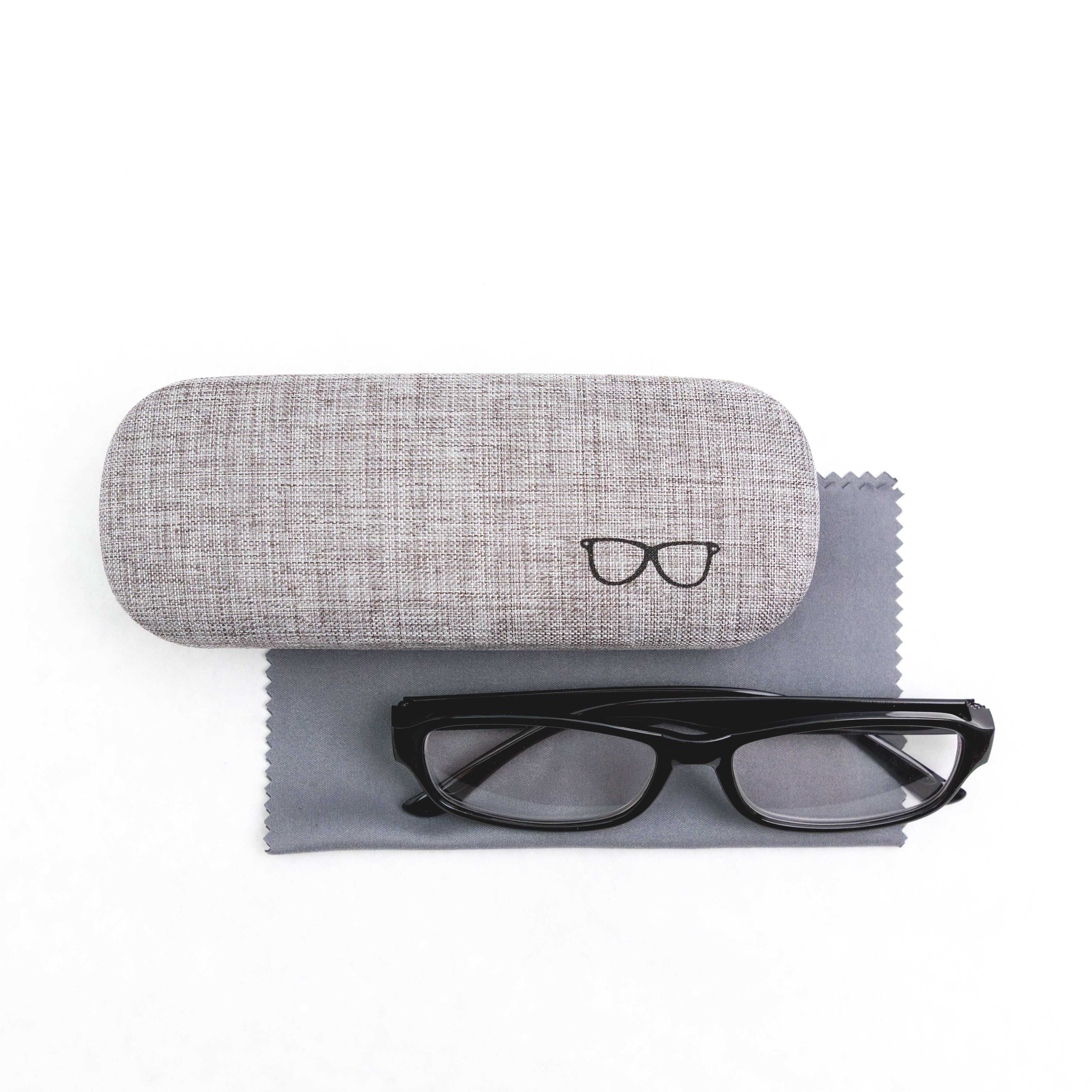 Black glasses on a gray cleaning cloth with a matching case on a white background
